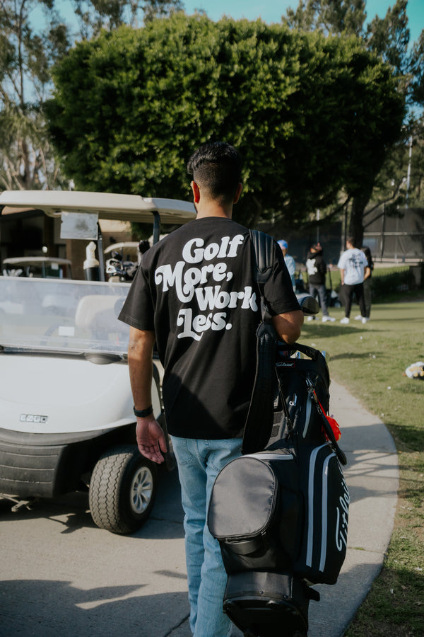 Golf After 5 "Golf More, Work Less" men's black t-shirt, back view, male model