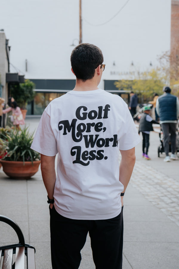 Golf After 5 "Golf More, Work Less" men's white t-shirt, back view, male model