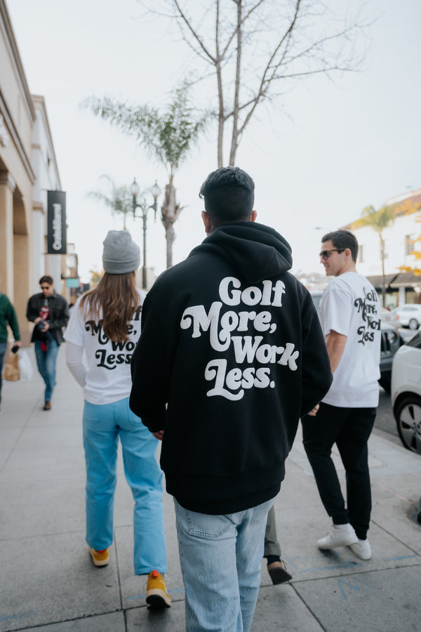 Golf After 5 "Golf More, Work Less" unisex black hoodie, back view, male model