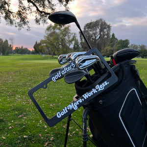 Golf After 5 "Golf More, Work Less" license plate with raised white lettering, universal fitting sizing, hanging on golf bag